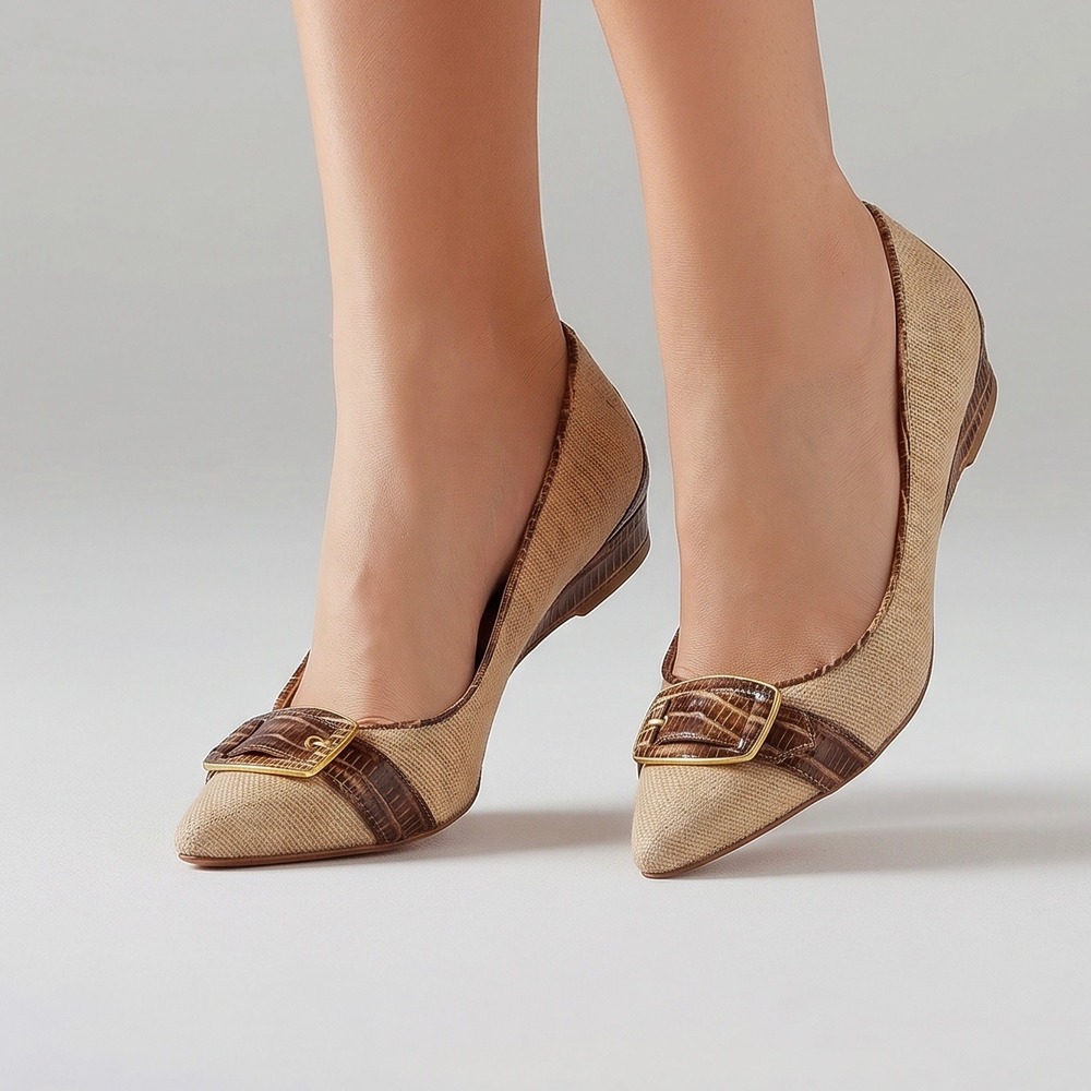 J Vincent Twiggy Tan Raffia Croc Embossed Leather Buckle Wedge Pumps 6M Brazil